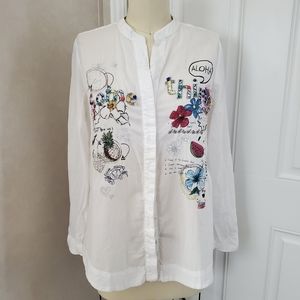 Desigual White Button-Down Shirt with Multicolor Floral Embroidery